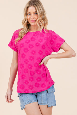 BOMBOM Textured Floral Pattern Short Sleeve T-Shirt Trendsi