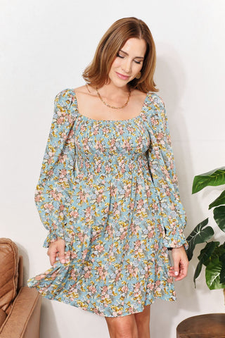 Honey Floral Smocked Flounce Sleeve Square Neck Dress Trendsi