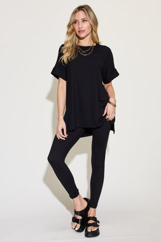 Zenana Plus Size Short Sleeve Slit T-Shirt and Leggings Lounge Set Trendsi