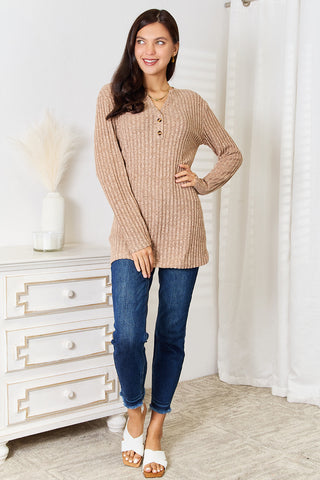 Double Take Notched Neck Ribbed Long Sleeve T-Shirt Trendsi