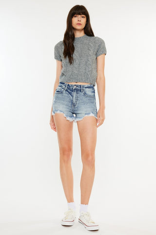 Kancan High Rise Frayed Hem Denim Shorts Trendsi