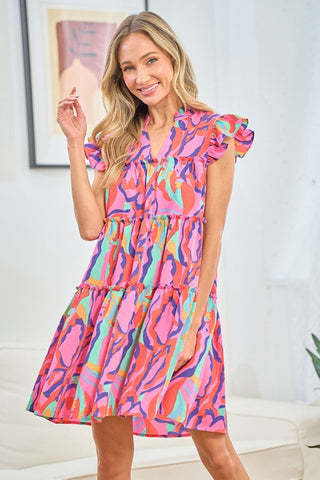 First Love Full Size Printed Ruffle Cap Sleeve Tiered Dress Trendsi