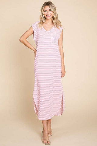 Culture Code Full Size Striped V-Neck Slit Dress with Pockets Trendsi