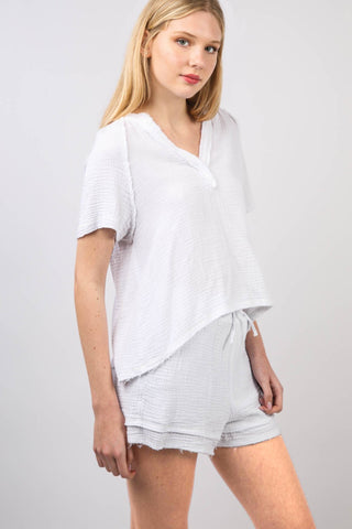 VERY J Washed Cotton Crinkle Gauze Top and Shorts Set Trendsi