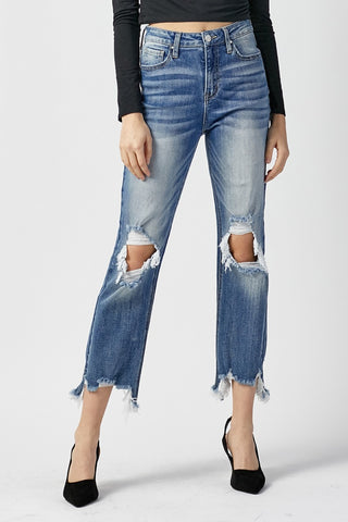 RISEN High Waist Distressed Frayed Hem Cropped Straight Jeans Trendsi