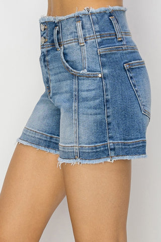 RISEN High Rise Seam Detailed Raw Edge Denim Shorts Trendsi