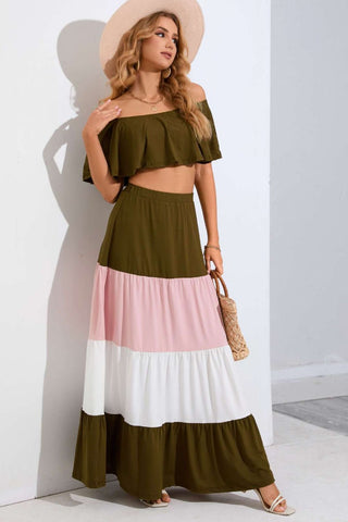 Off-Shoulder Crop Top and Color Block Tiered Skirt Set Trendsi