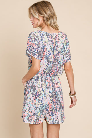 BOMBOM Printed Short Sleeve Drawstring Romper Trendsi