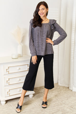 Double Take Square Neck Ruffle Shoulder Long Sleeve T-Shirt Trendsi