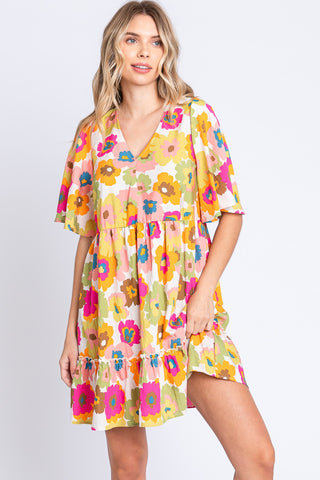 GeeGee Floral V-Neck Ruffle Hem Mini Dress Trendsi