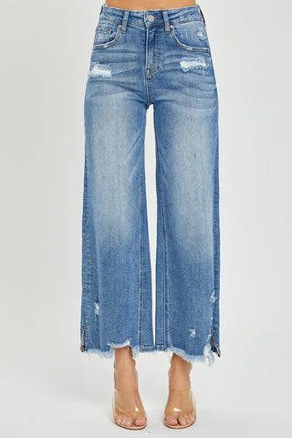 RISEN High Rise Side Slit Raw Hem Cropped Jeans Trendsi