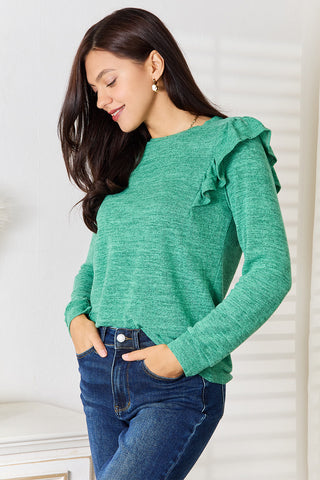 Double Take Ruffle Shoulder Long Sleeve T-Shirt Trendsi