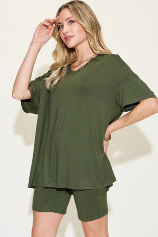 Basic Bae Full Size V-Neck Drop Shoulder T-Shirt and Shorts Set Trendsi