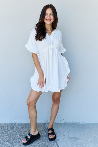 Ninexis Out Of Time Full Size Ruffle Hem Dress with Drawstring Waistband in White Trendsi