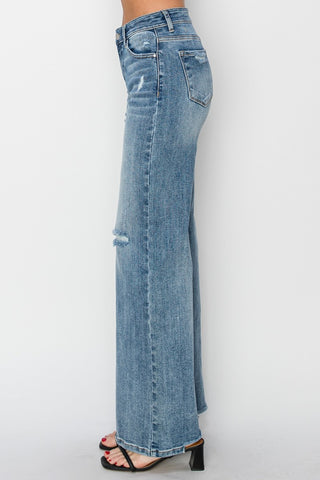 RISEN Full Size High Waist Distressed Wide Leg Jeans Trendsi