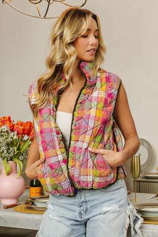 BiBi Quilted Washed Plaid Snap Down Vest Trendsi