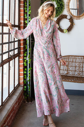 First Love Paisley Print Tie-Back Long Sleeve Maxi Dress Trendsi