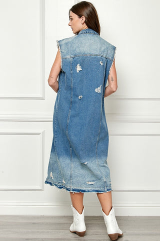 Veveret Full Size Distressed Sleeveless Longline Denim Jacket Trendsi