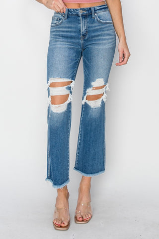 RISEN Mid Rise Distressed Cropped Flare Jeans Trendsi