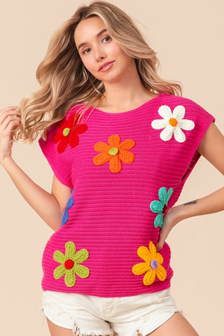 BiBi Flower Round Neck Cap Sleeve Knit Top Trendsi