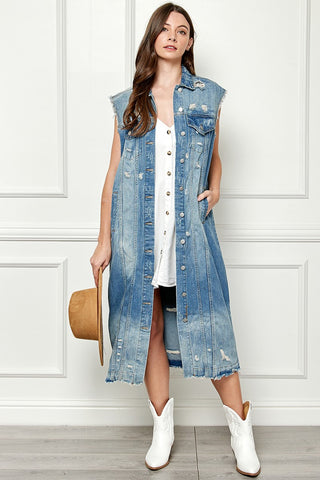 Veveret Full Size Distressed Sleeveless Longline Denim Jacket Trendsi