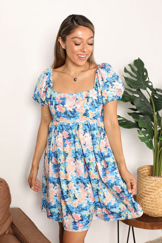 Honey Floral Square Neck Puff Sleeve Dress Trendsi