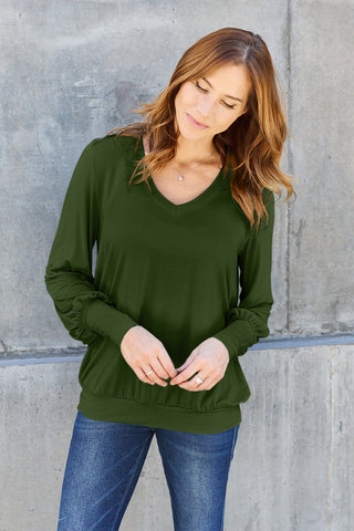 Basic Bae Full Size V-Neck Lantern Sleeve Top Trendsi