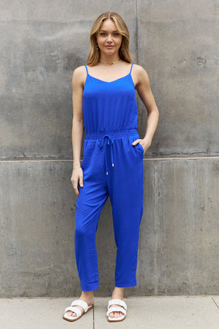 ODDI Full Size Textured Woven Jumpsuit in Royal Blue Trendsi