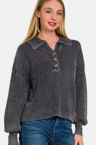 Zenana Washed Half Button Long Sleeve Sweater Trendsi