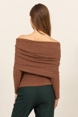 HYFVE Fuzzy Off Shoulder Textured Knit Top Trendsi