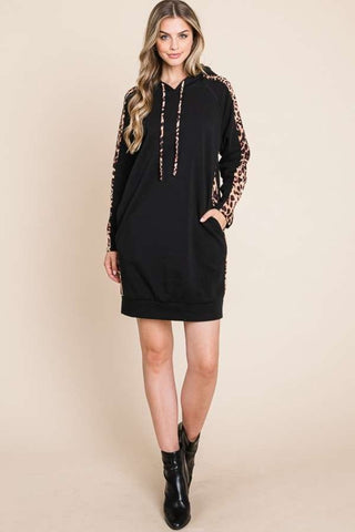 Culture Code Drawstring Leopard Long Sleeve Hooded Dress Trendsi