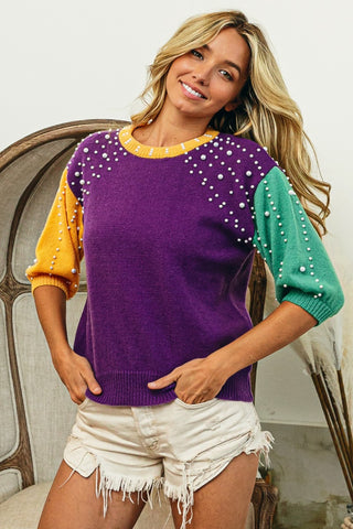 BiBi Color Block Pearl Detail Round Neck Sweater Trendsi