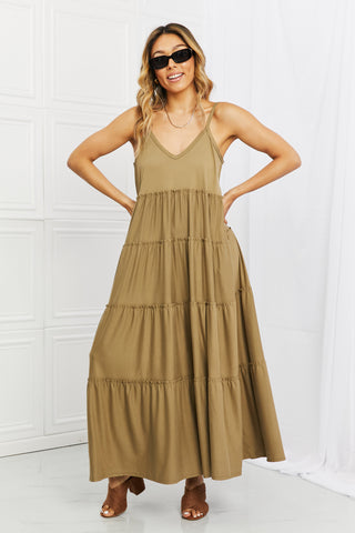 Zenana Full Size Spaghetti Strap Tiered Dress with Pockets in Khaki Trendsi