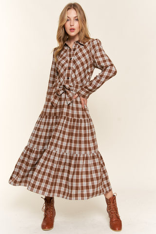 And the Why Plaid Tiered Midi Shirt Dress Trendsi