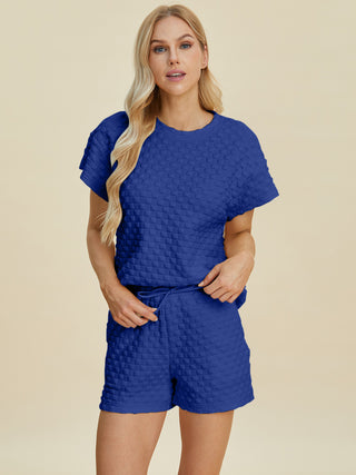 Double Take Full Size Texture T-Shirt and Shorts Set Trendsi