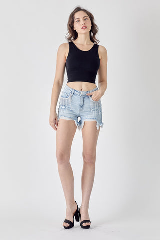 RISEN Frayed Hem Denim Shorts with Fringe Detail Pockets Trendsi