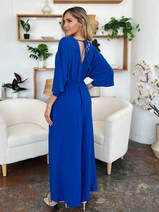 Double Take Full Size Surplice Wide Leg Jumpsuit with Pockets Trendsi