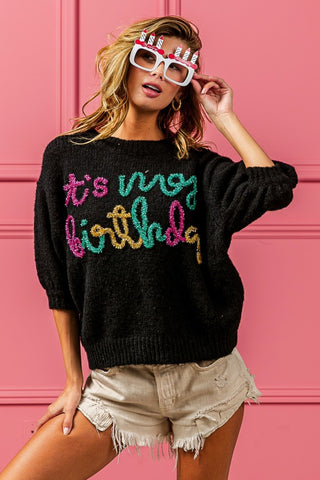 BiBi Metallic Letter Puff Sleeve Hairy Sweater Trendsi