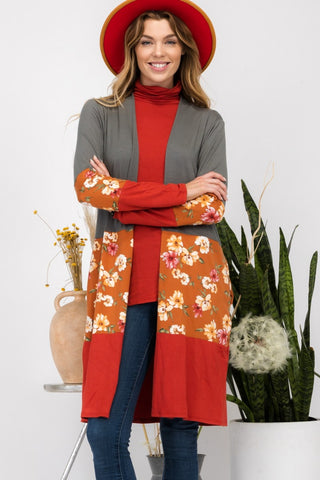 Celeste Full Size Floral Color Block Open Front Cardigan Trendsi