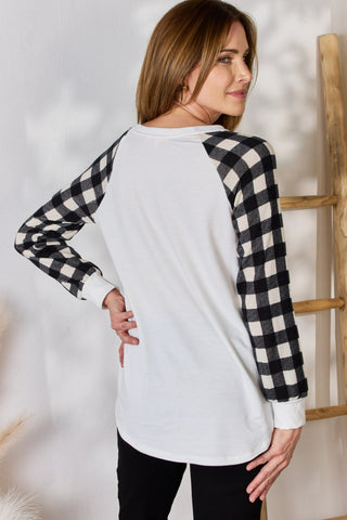 Hailey & Co Full Size Plaid Raglan Sleeve Round Neck Blouse Trendsi