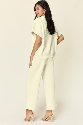 Double Take Full Size Texture Half Zip Short Sleeve Top and Pants Set Trendsi