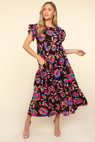 Haptics Ruffled Printed Round Neck Cap Sleeve Dress Trendsi