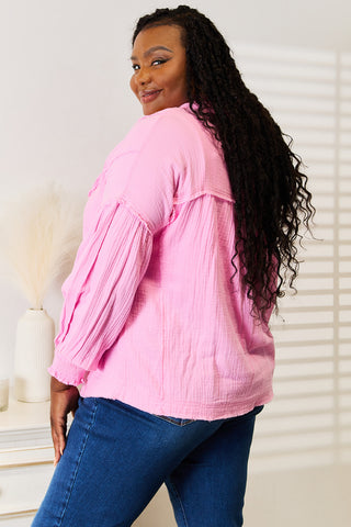 Double Take Exposed Seam Buttoned Notched Neck Blouse Trendsi