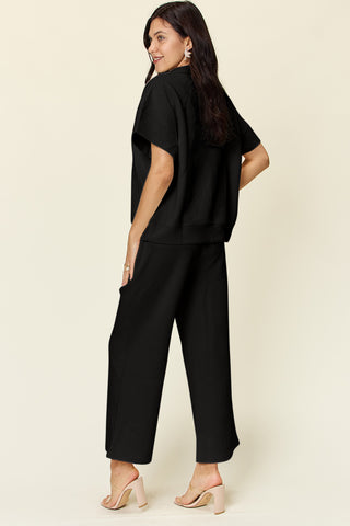 Double Take Full Size Texture Half Zip Short Sleeve Top and Pants Set Trendsi