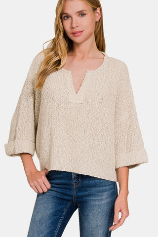 Zenana Notched Side Slit Patch Sweater Trendsi