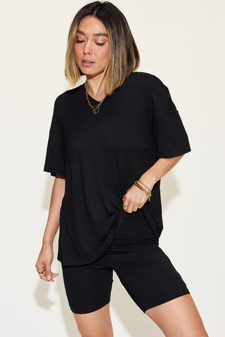 Basic Bae Full Size V-Neck Drop Shoulder T-Shirt and Shorts Set Trendsi