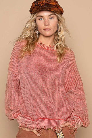 POL Distressed Washed Drop Shoulder Sweater Trendsi