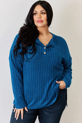 Basic Bae Full Size Ribbed Half Button Long Sleeve High-Low T-Shirt Trendsi