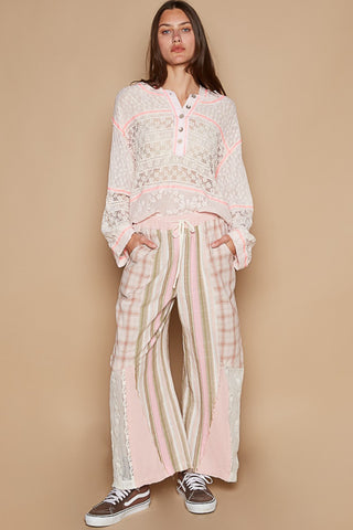 POL Drawstring Plaid Print Lace Straight Pants Trendsi