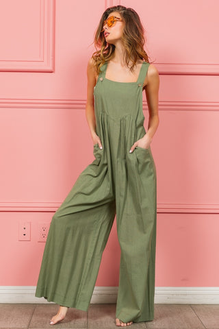 BiBi Ruched Wide Leg Overalls with Pockets Trendsi